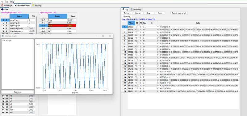 Modbus diagnostic tool showing register values, a trend graph, and communication logs