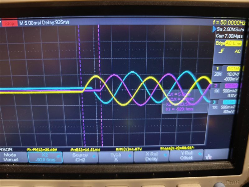 Oscilloscope capture with three coloured waveforms and timing cursors