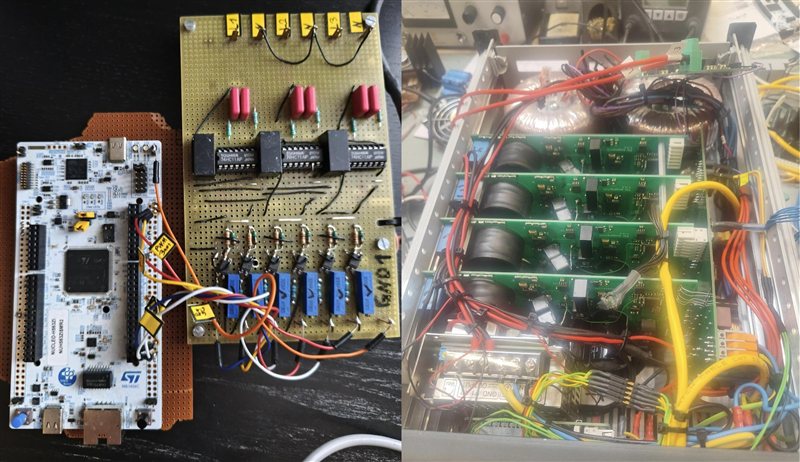 STM32 development board and prototype circuitry beside a wired hardware assembly